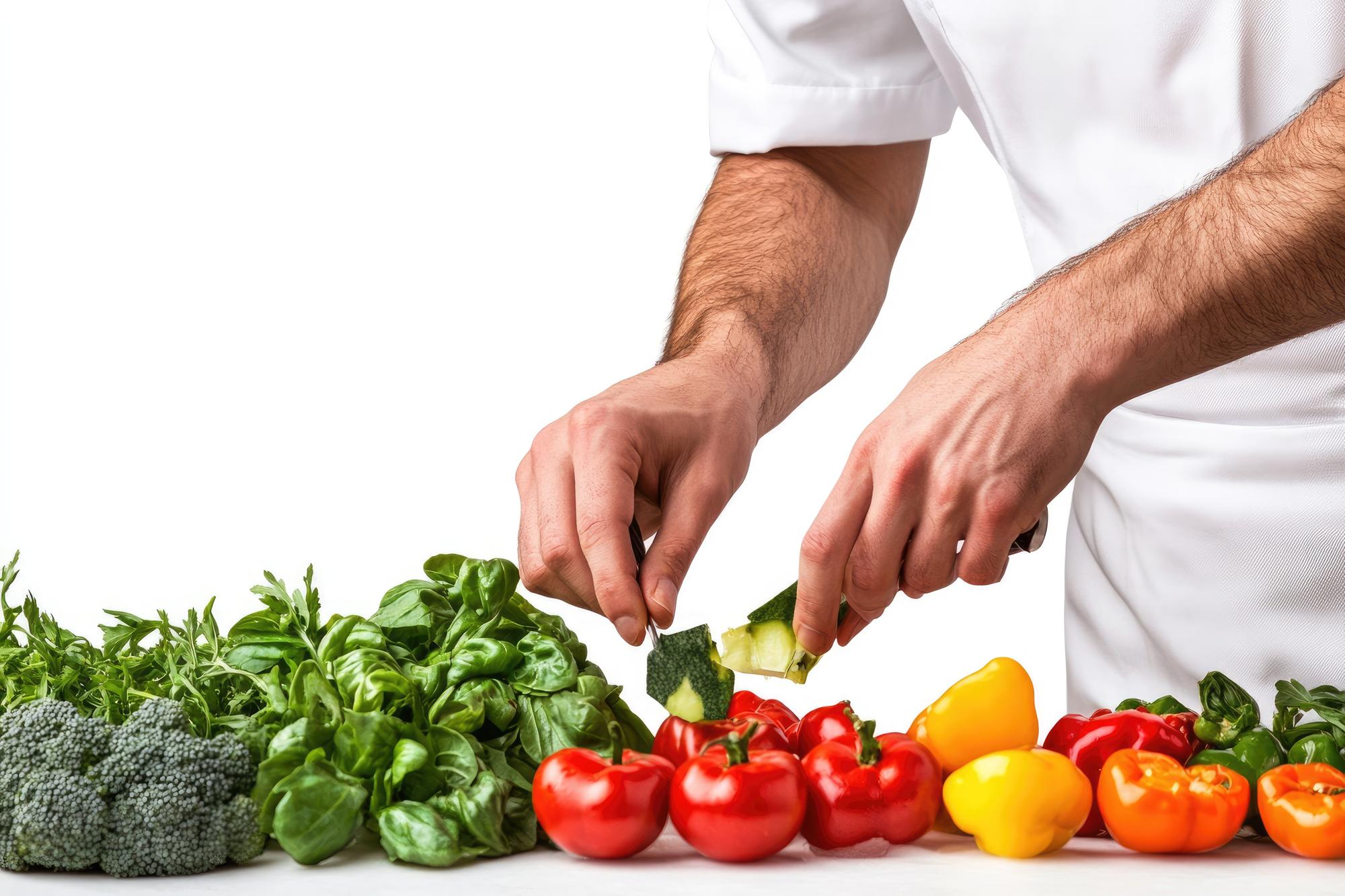 Chef che affetta con cura un ingrediente fresco